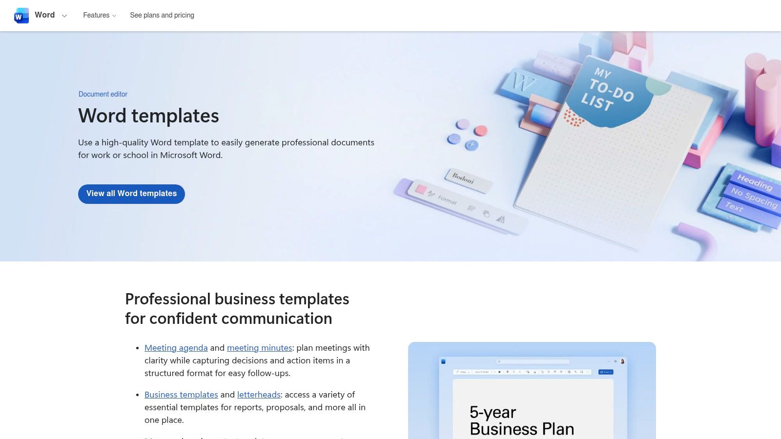 A screenshot of the Microsoft Create website showing various templates for Microsoft Word, including reports and papers.