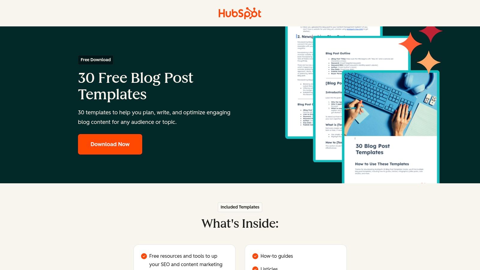 A screenshot of the HubSpot blog post templates offer page showing various article types like How-To and Listicle.