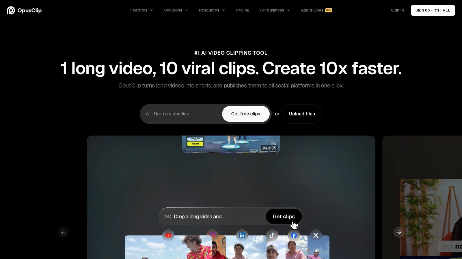 An interface showing how a long video is broken down into shorter, more shareable clips with virality scores.
