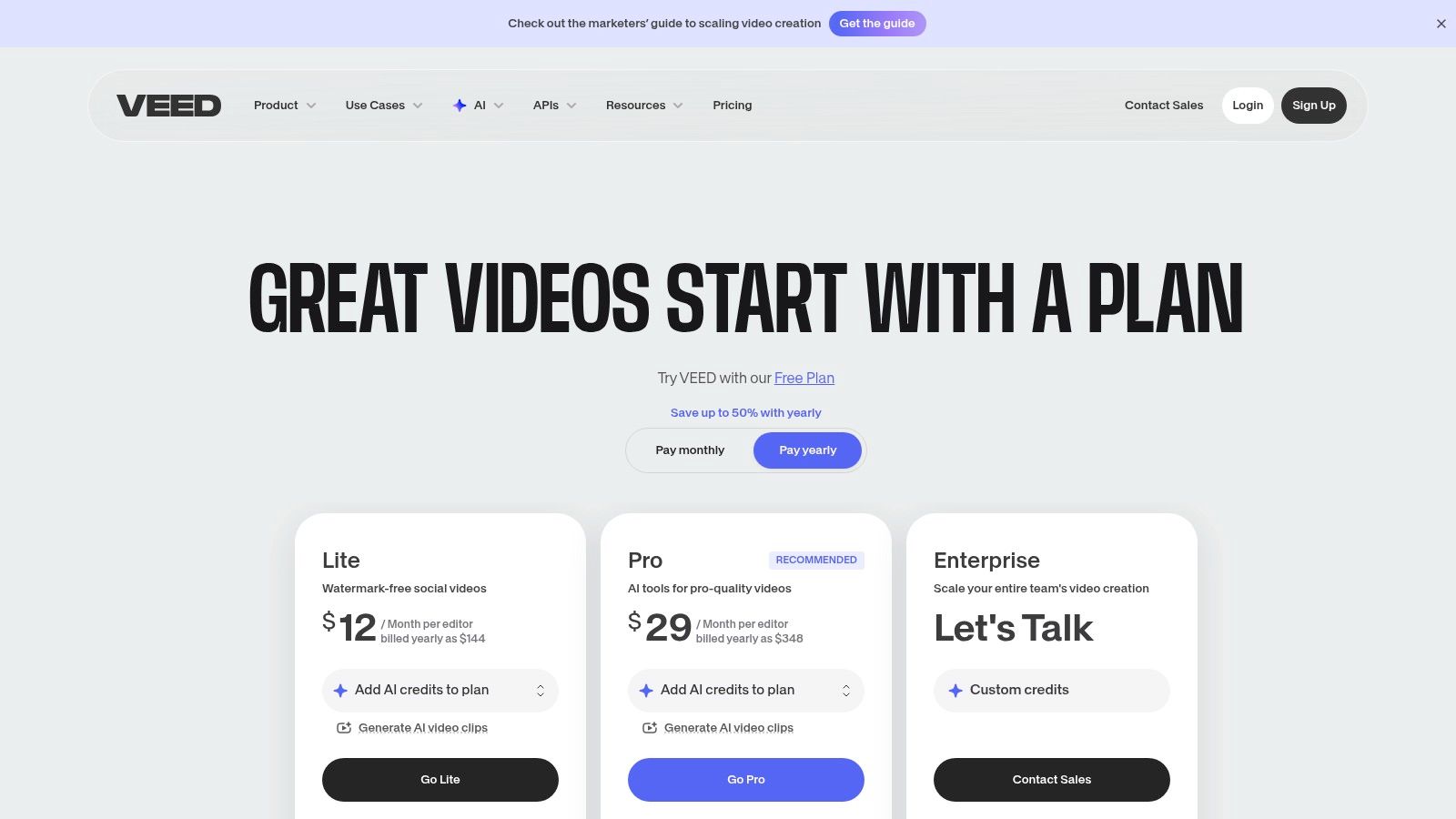 VEED pricing plans displayed on their website, showing Basic, Pro, and Business tiers.
