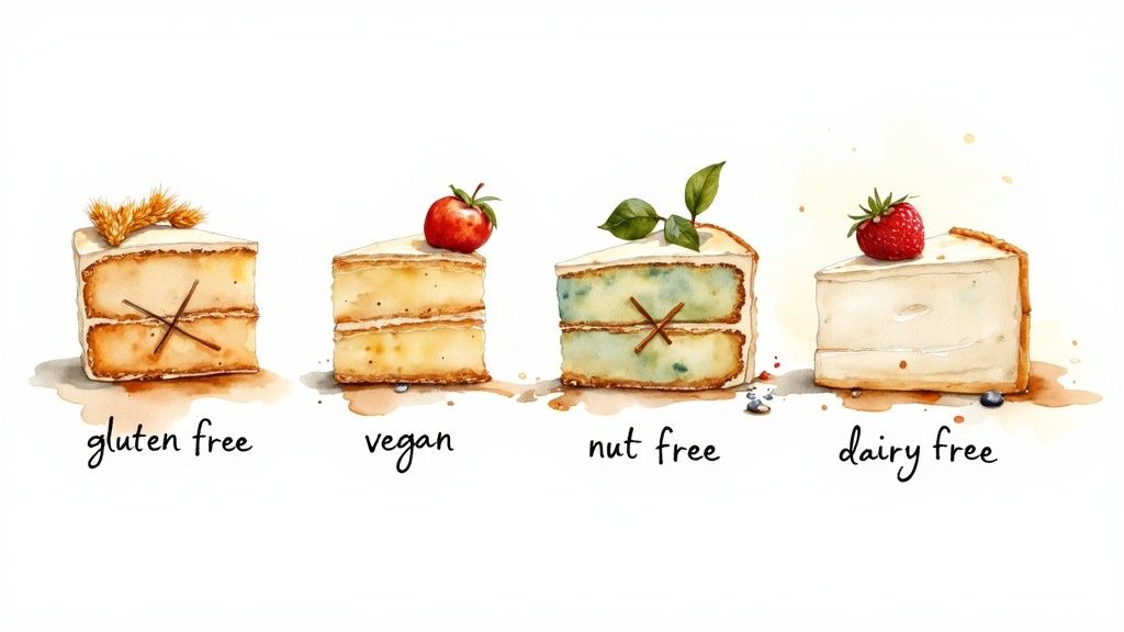 A variety of beautifully decorated gluten-free and vegan cakes on display.