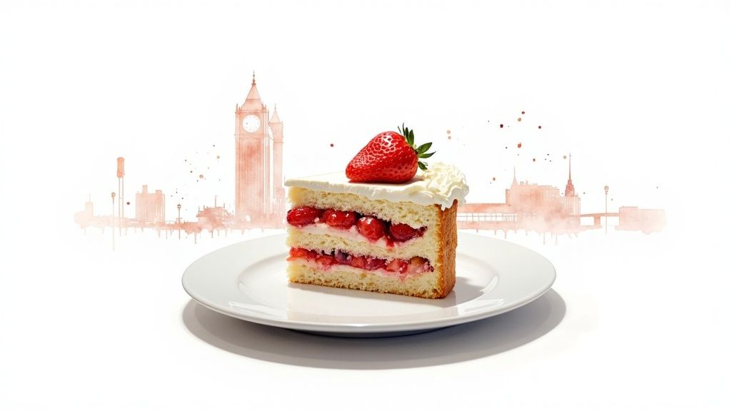A beautifully layered strawberry shortcake with fresh strawberries and cream on a white plate.