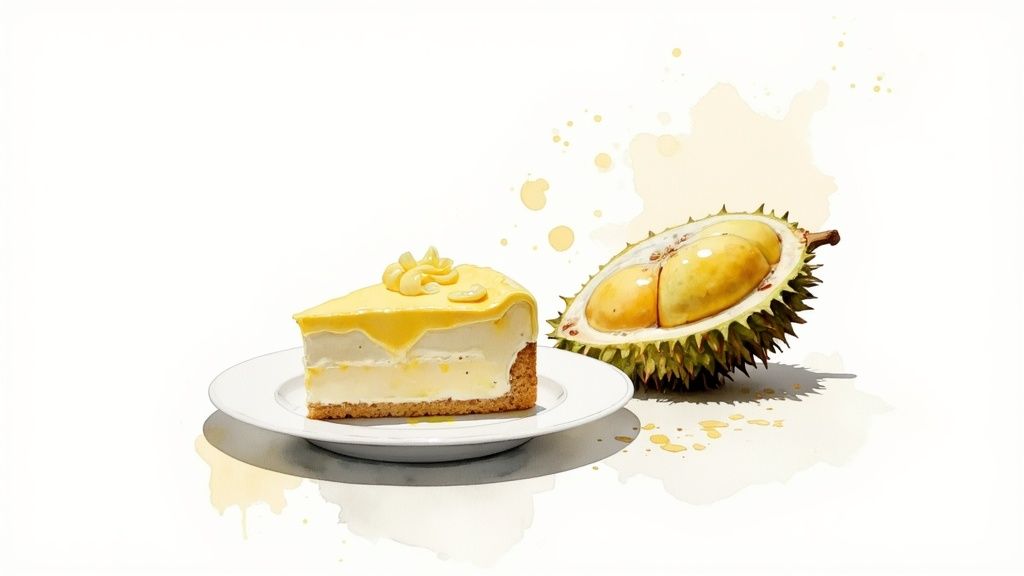 A delicious slice of durian cake with layers of cream and sponge, ready to eat.
