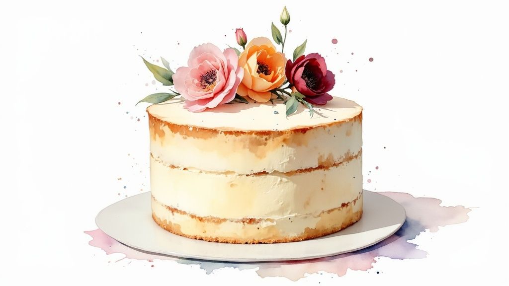 A close-up of a multi-tiered cake decorated with an assortment of fresh white, pink, and red flowers.