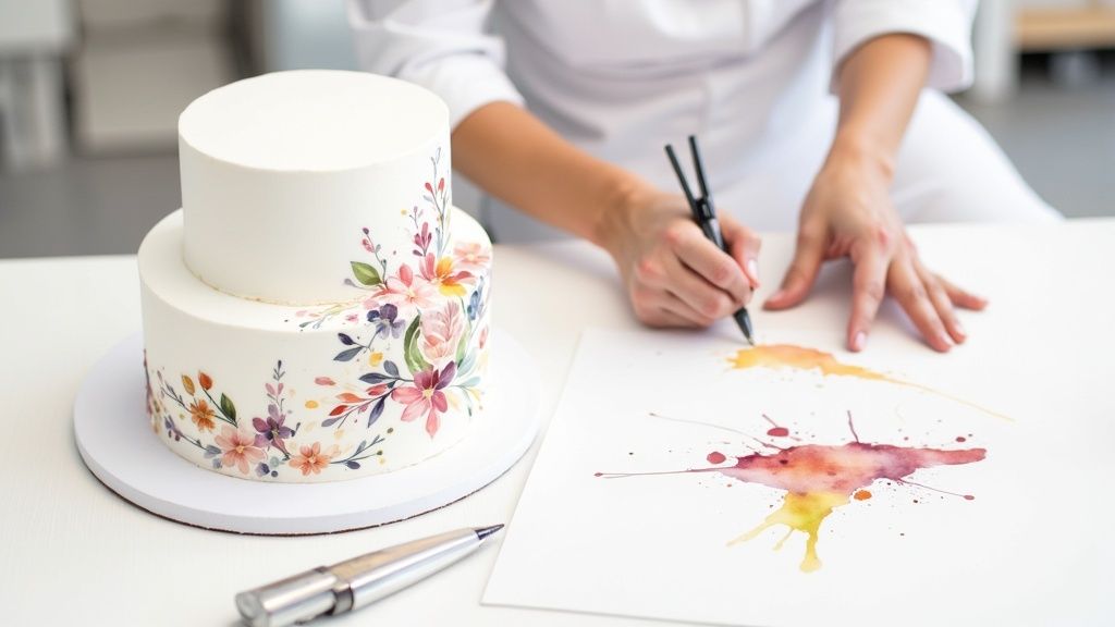 A custom-made birthday cake with colourful decorations and candles.