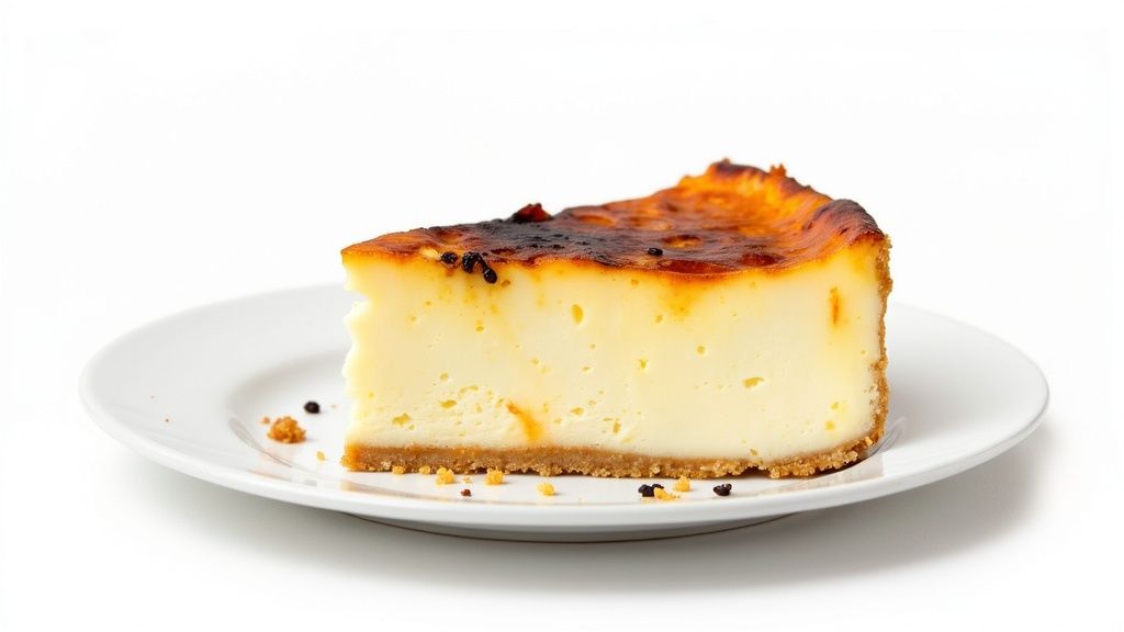 A delicious slice of Basque burnt cheesecake on a plate, ready to eat