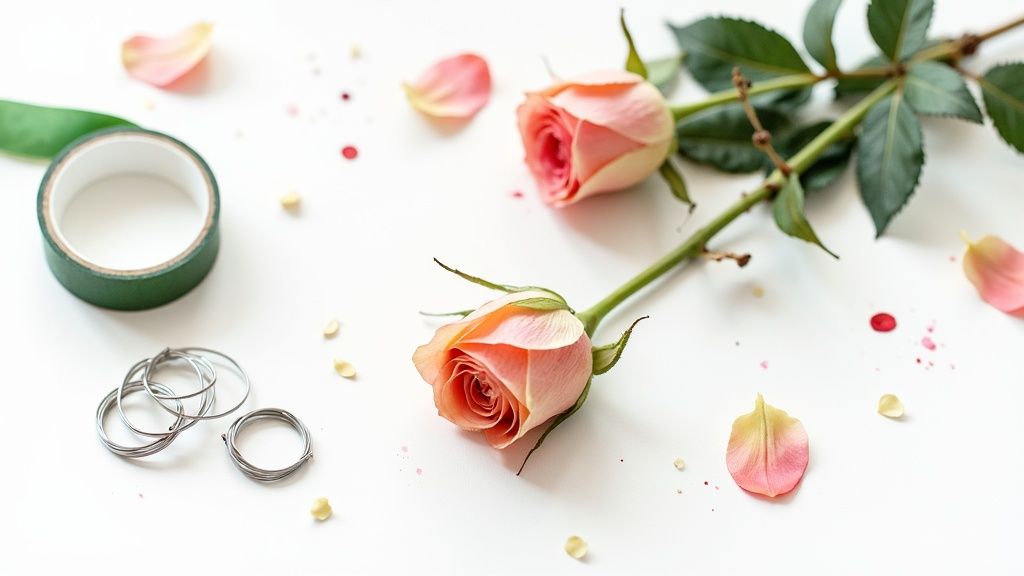 A close-up of flowers being prepared for cake decoration, with scissors and floral tape nearby.