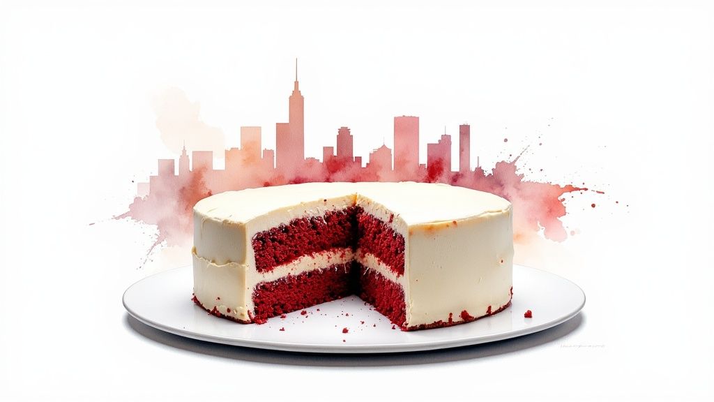A decadent red velvet cake with cream cheese frosting and decorative crumbles on top.
