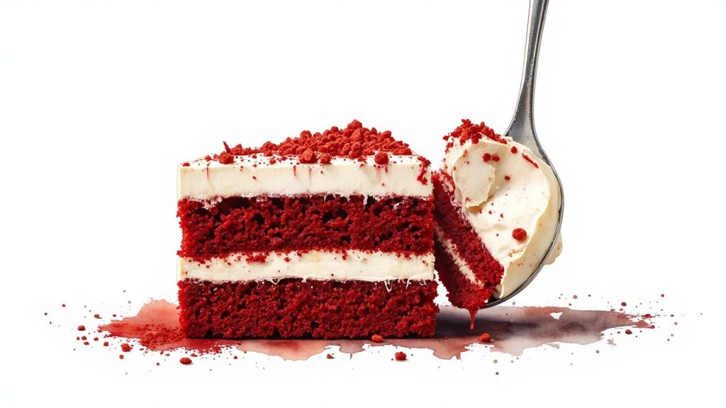 A close-up of a slice of a red velvet cake showing its moist crumb and layers of cream cheese frosting.
