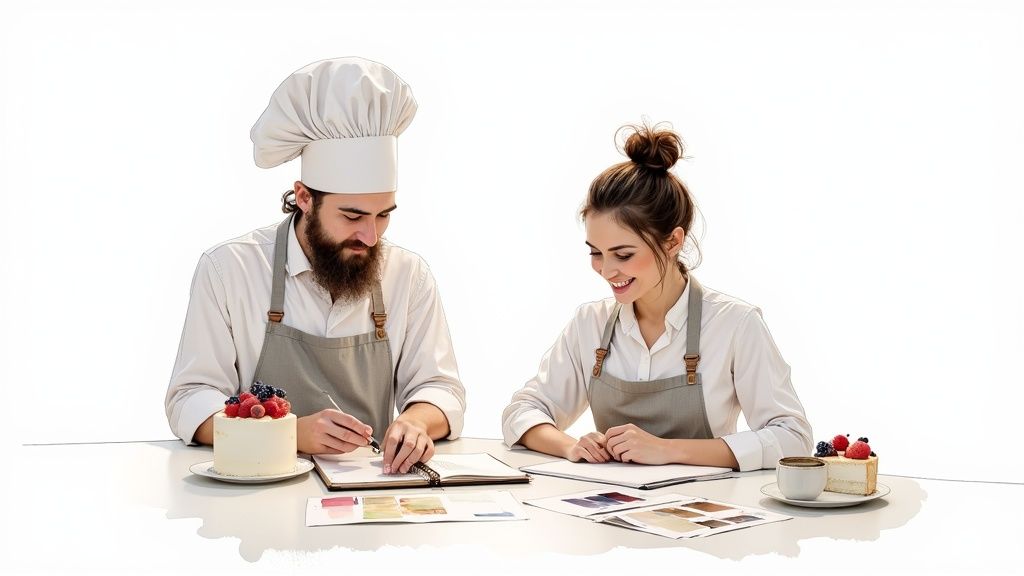 A baker meticulously adding final touches to a custom-designed cake.