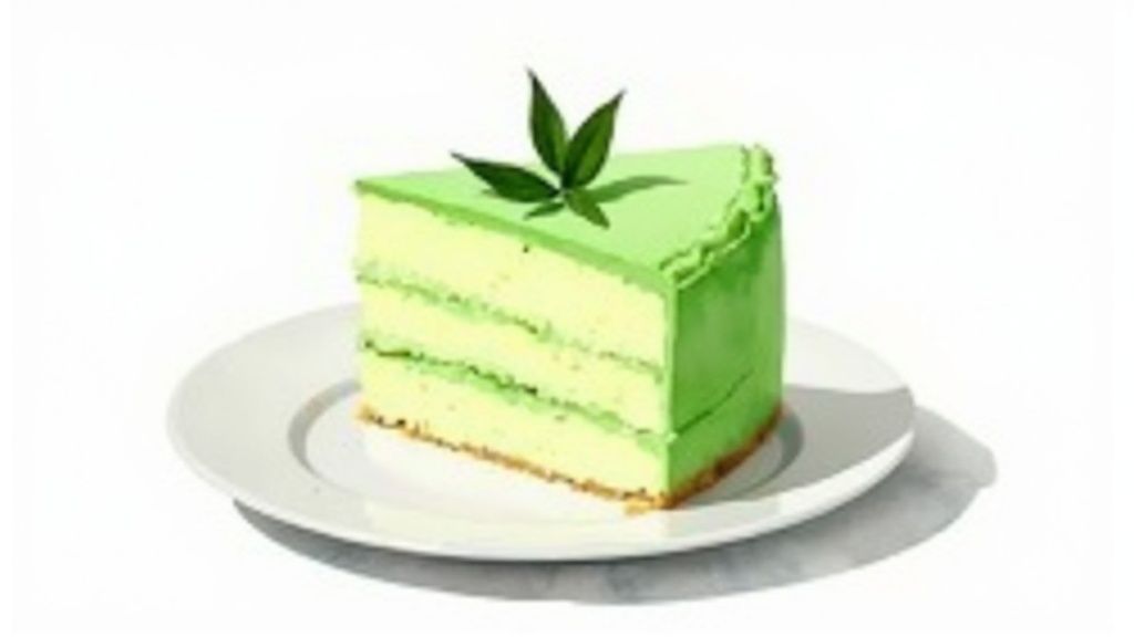 A slice of green pandan cake on a white plate, showing its fluffy texture