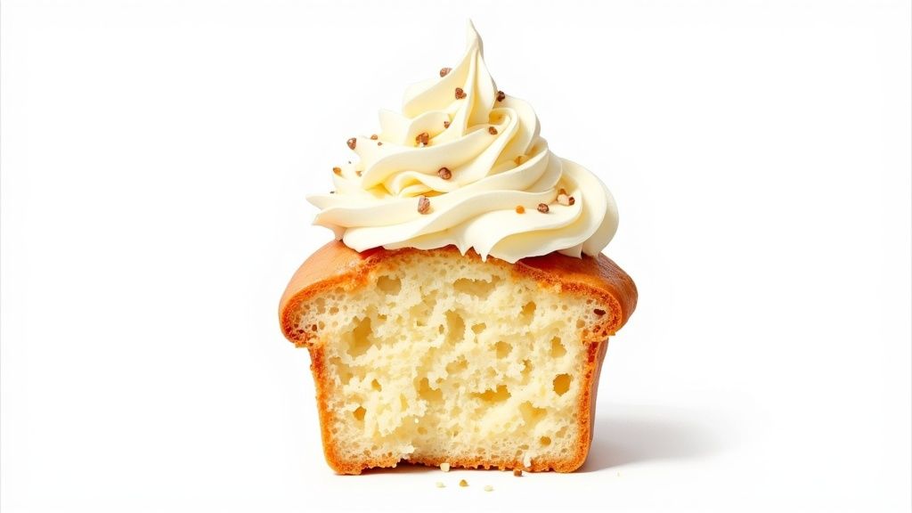 A close-up of a perfectly swirled chocolate cupcake with white frosting.