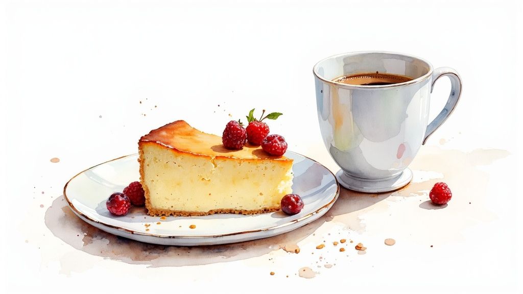 A whole Basque burnt cheesecake with its signature dark top, sitting on parchment paper.