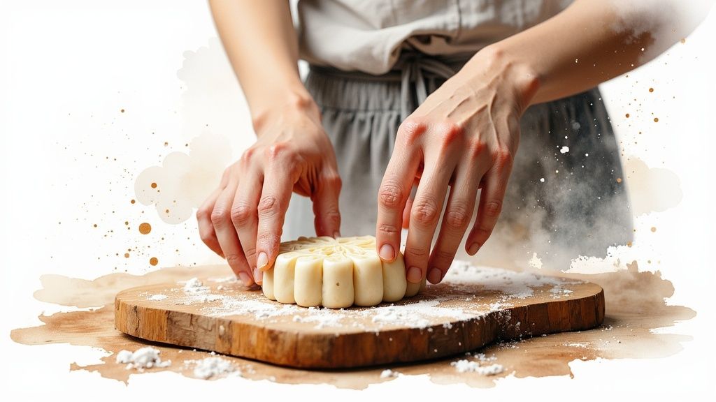a mid autumn festival mooncake being pressed into a traditional wooden mold - Amour Desserts