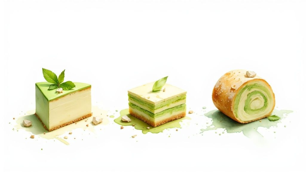 A whole green pandan chiffon cake on a wire rack, showing its impressive height and texture