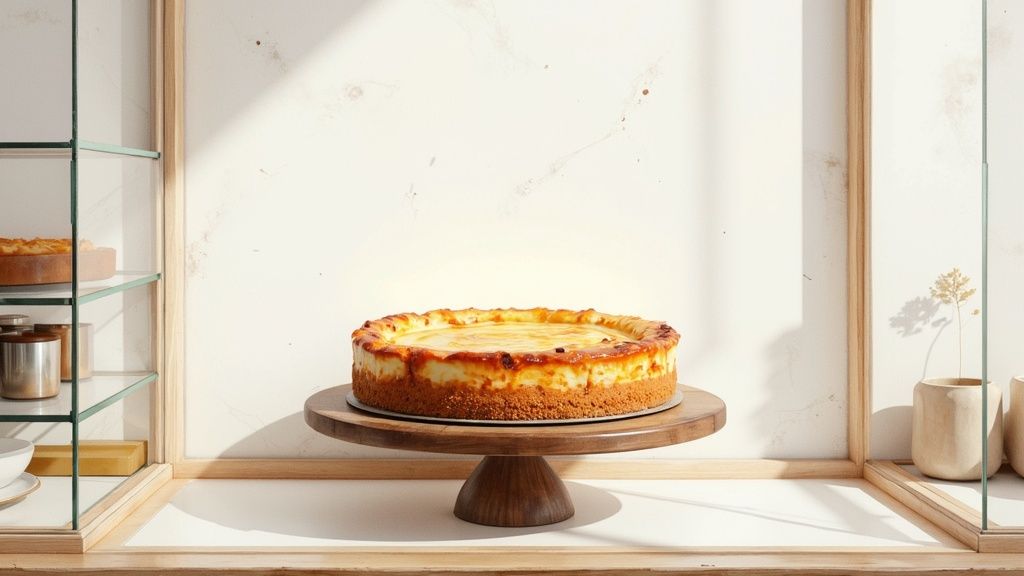 A close-up of a Basque cheesecake's dark, caramelized top and creamy interior