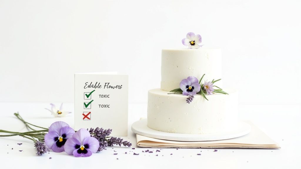 A beautiful white cake decorated with pink and white flowers and greenery.