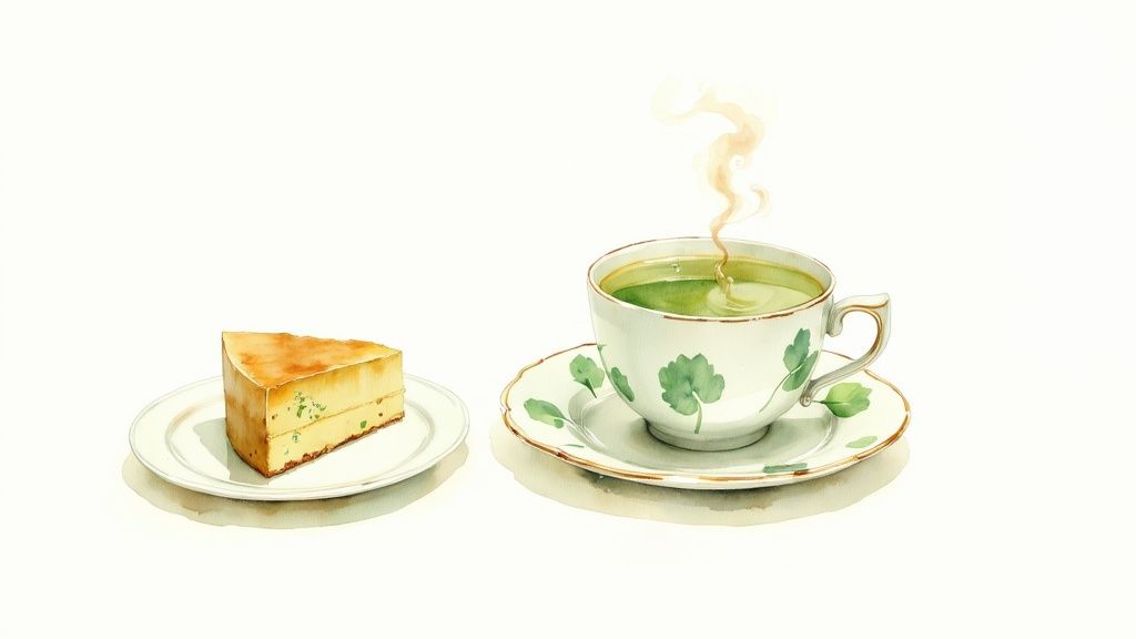 A slice of pandan cake served with a cup of tea on a wooden table