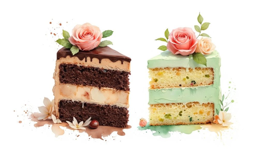 A close-up of an elegant birthday cake with buttercream frosting and delicate decorations.
