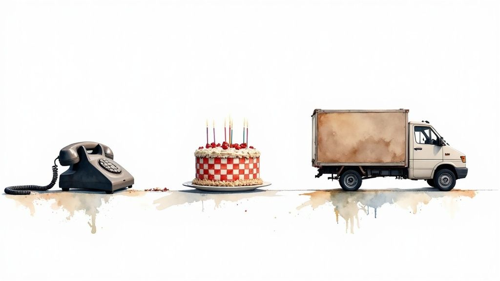 A delivery person carefully carrying a large boxed birthday cake.
