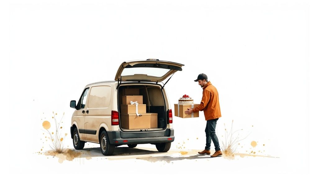 A delivery person carefully handing over a beautiful birthday cake in a box in Melbourne.