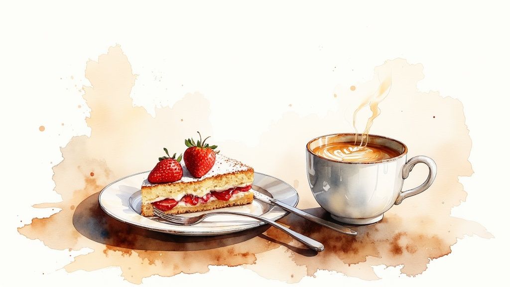 A slice of strawberry shortcake on a plate, showing layers of sponge, cream, and fresh strawberries.