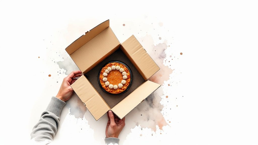 A delivery person handing a box of desserts to a customer at their front door.