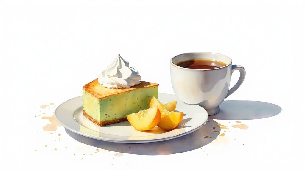 A slice of pandan cake served with a hot beverage, highlighting a classic pairing.
