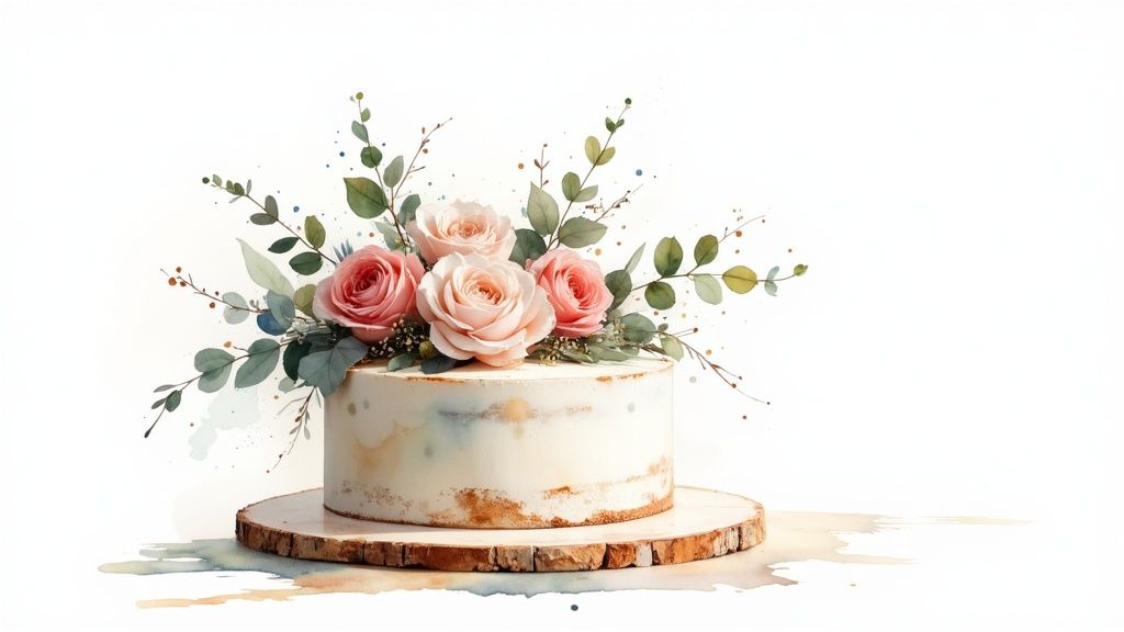 A multi-tiered white cake elegantly decorated with a cascade of pink and white flowers and green leaves.