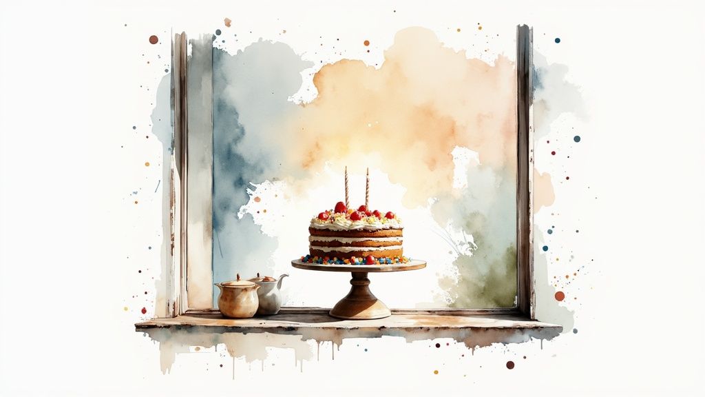 A beautifully decorated birthday cake with lit candles ready for a celebration.