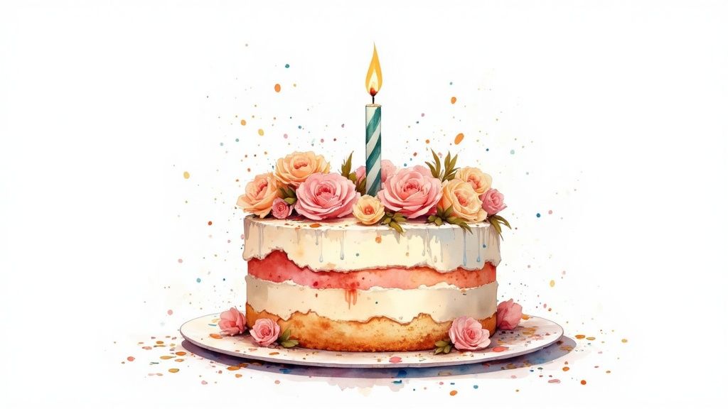 A gluten-free birthday cake decorated with fresh berries and chocolate drizzle.