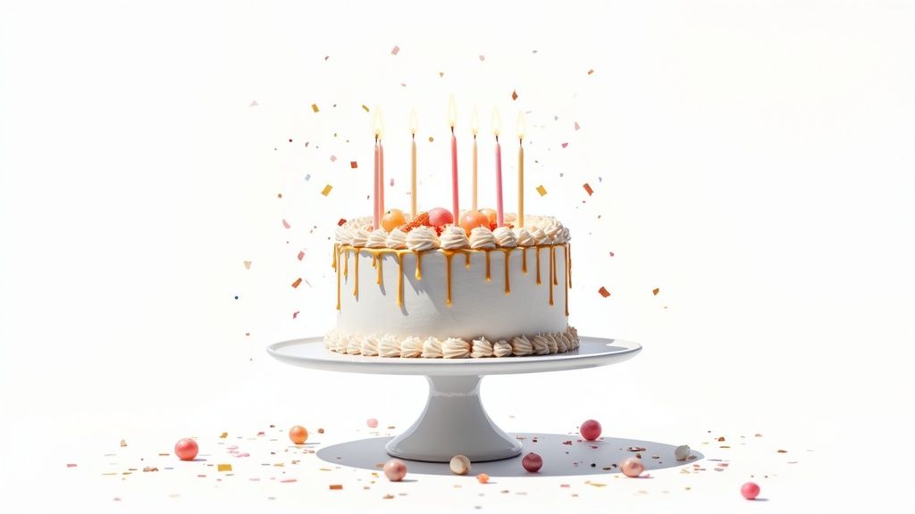 A stunning photo cake displayed on a decorative stand, surrounded by balloons and party decorations.