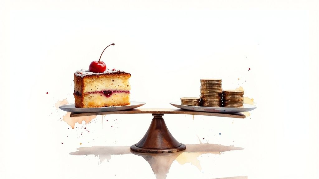 A close-up of a baker meticulously adding decorative details to a cake.