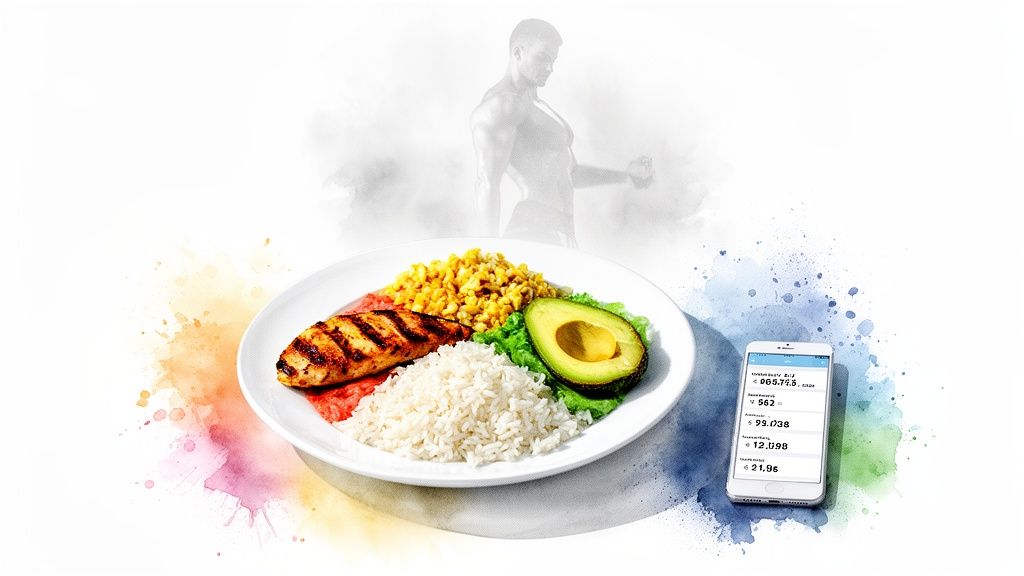 A plate with grilled chicken, rice, corn, and avocado next to a phone displaying a macro tracking app, with a bodybuilder silhouette in the background.