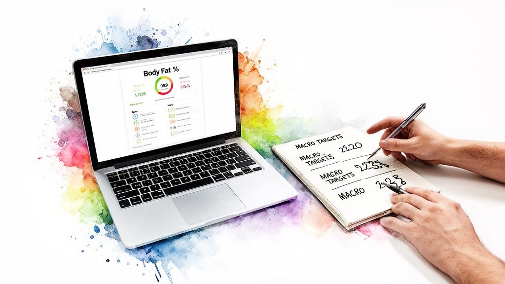 Person calculates macro targets on a notepad while viewing a body fat percentage dashboard on a laptop.