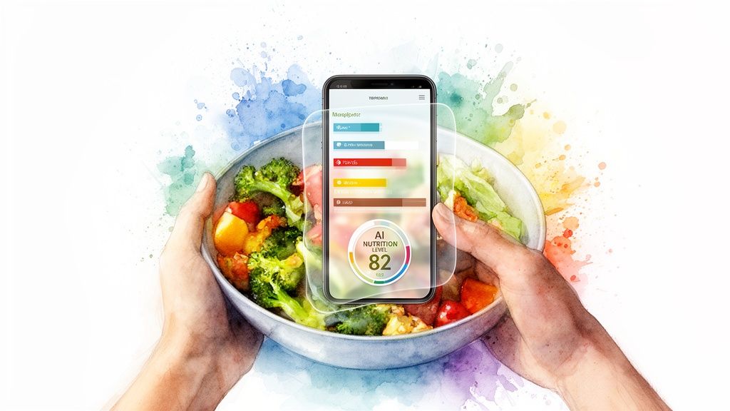 Hands holding a healthy salad bowl with a smartphone overlay displaying AI nutrition tracking data.