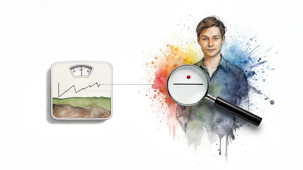 A man with a magnifying glass, a weight scale showing a graph, illustrating personal health tracking.