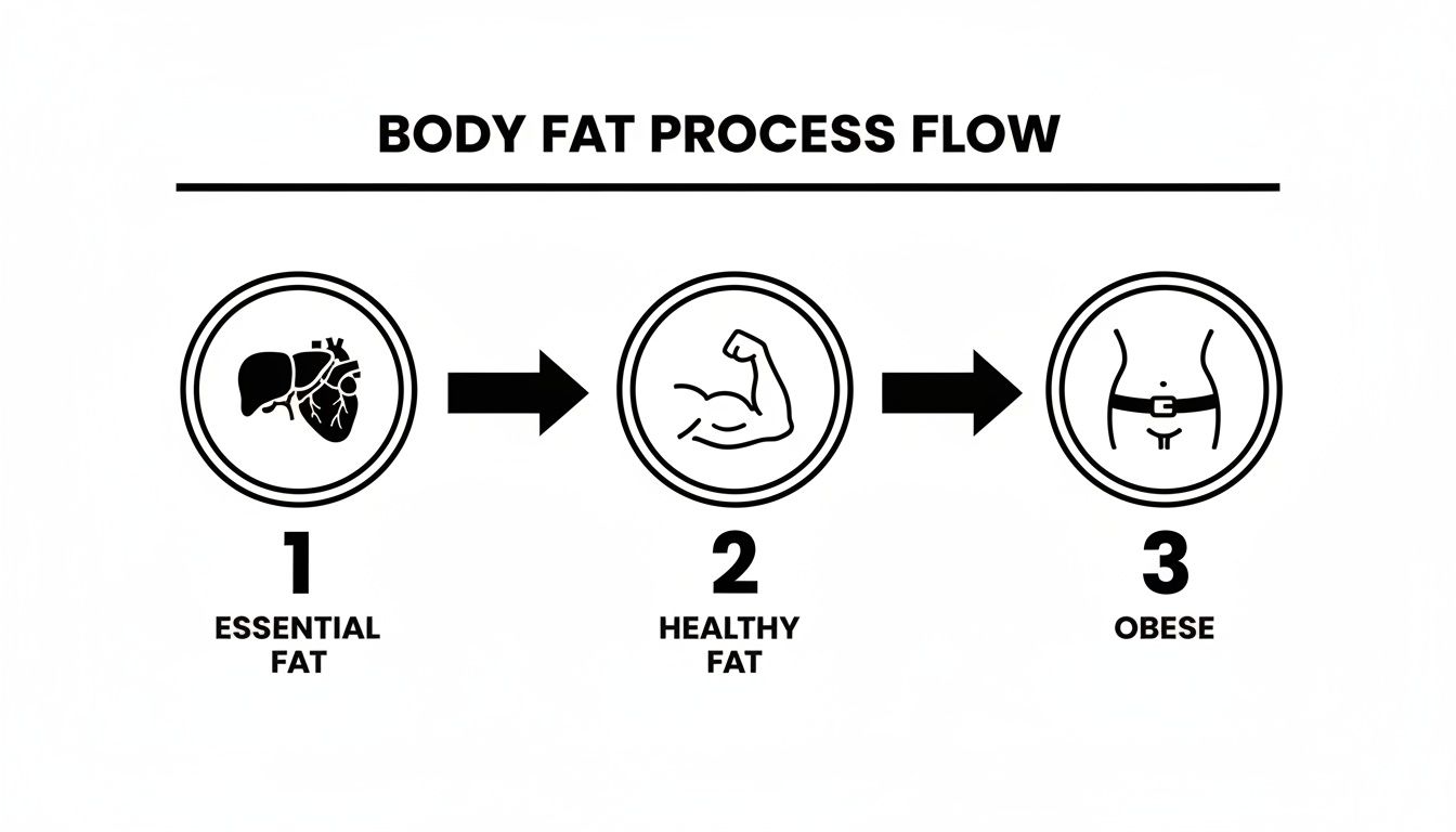 Flowchart illustrating body fat stages: essential fat (organs), healthy fat (muscle), and obese (waist).