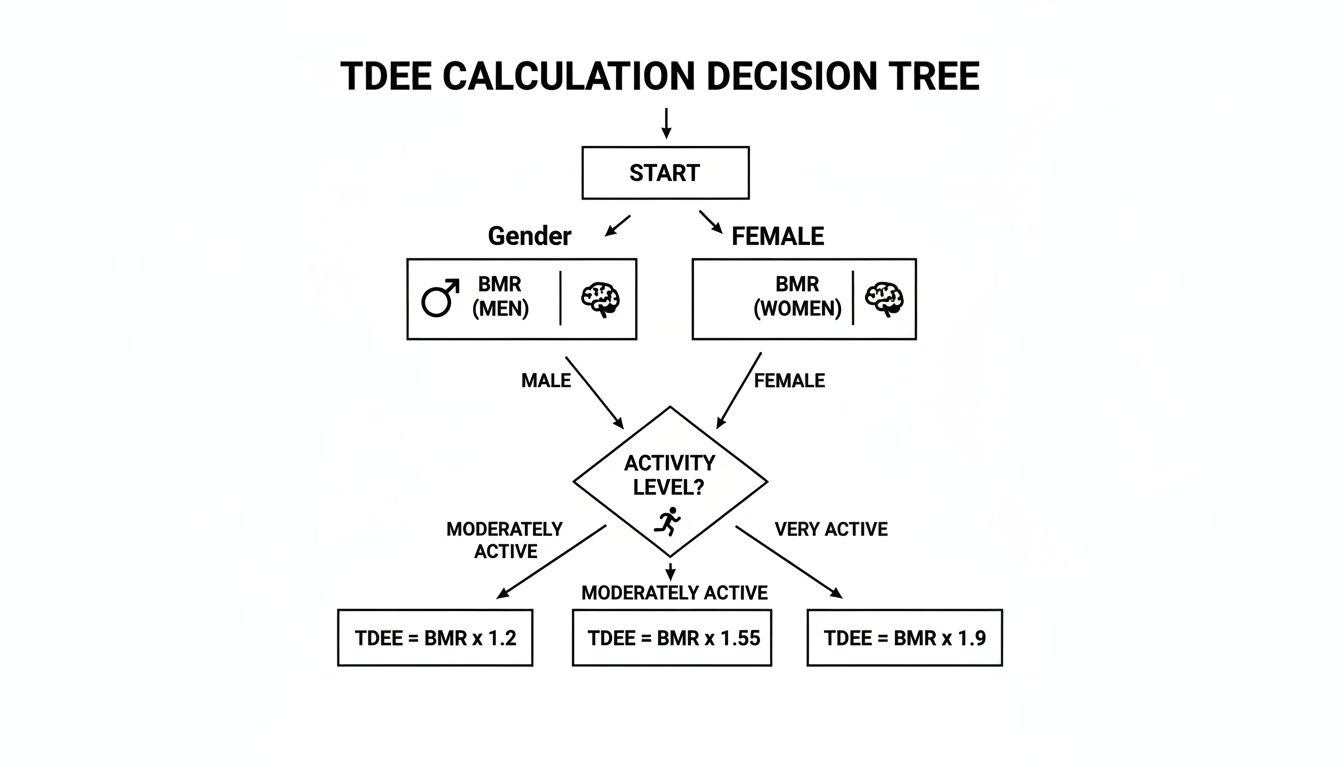 Decision tree illustrating TDEE calculation steps based on gender and activity level, starting from BMR.