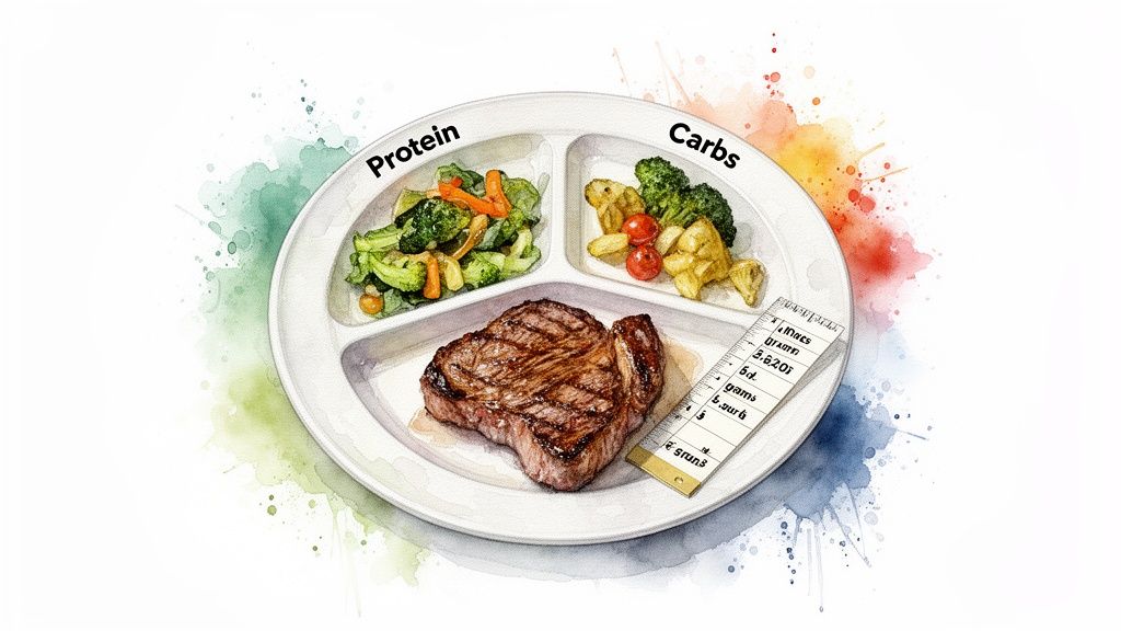 A divided plate illustrating a balanced meal with protein (steak), carbs (vegetables, potatoes), and a nutrition label.