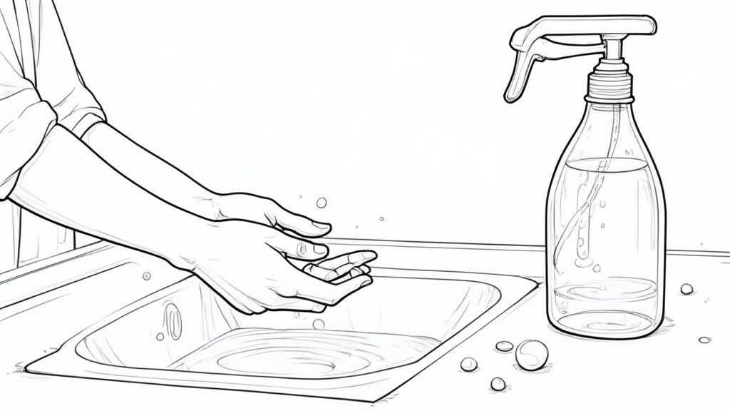 A person thoroughly washing their hands with soap and water in a sink.