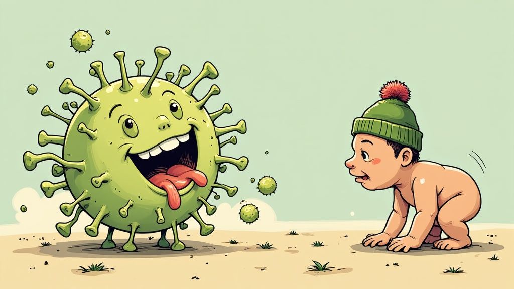 Person clutching their stomach in discomfort, representing the symptoms of a gastro bug.