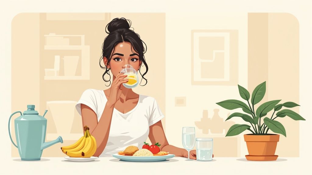 A glass of water and rehydration solution packets on a bedside table, illustrating home care for gastro.