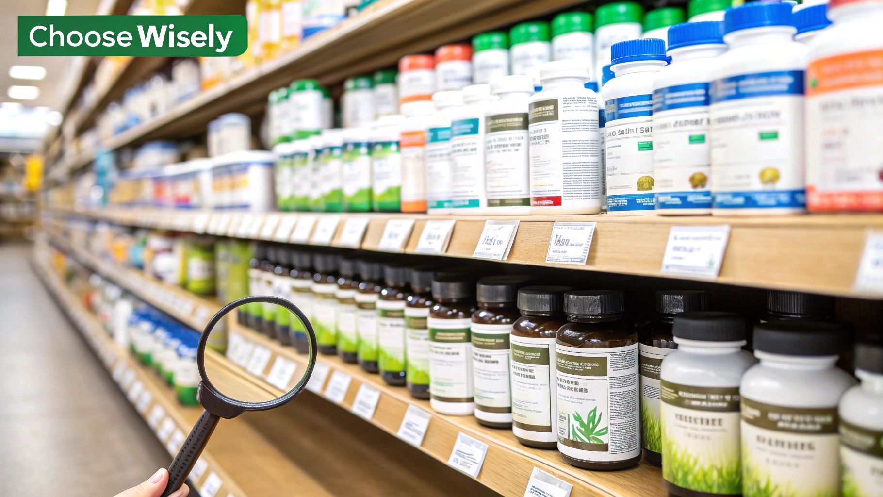 A person in a grocery store aisle looking at a bottle of probiotics, carefully reading the label.