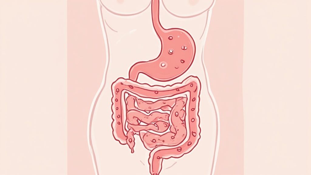 A vibrant illustration of beneficial bacteria floating in a representation of the gut microbiome