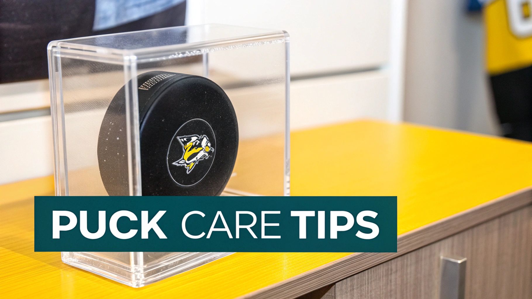 A collection of hockey pucks displayed neatly in a case.