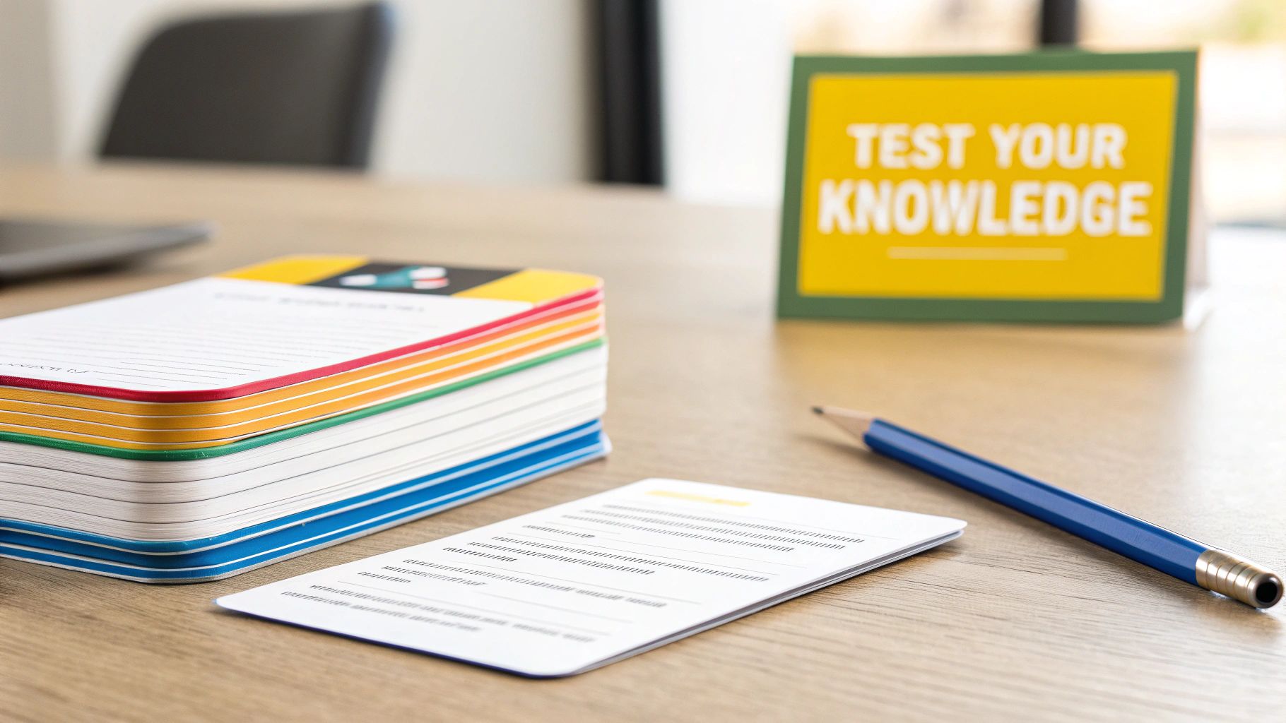 A wooden desk with a stack of colorful learning cards, a blue pencil, and a 'TEST YOUR KNOWLEDGE' sign.