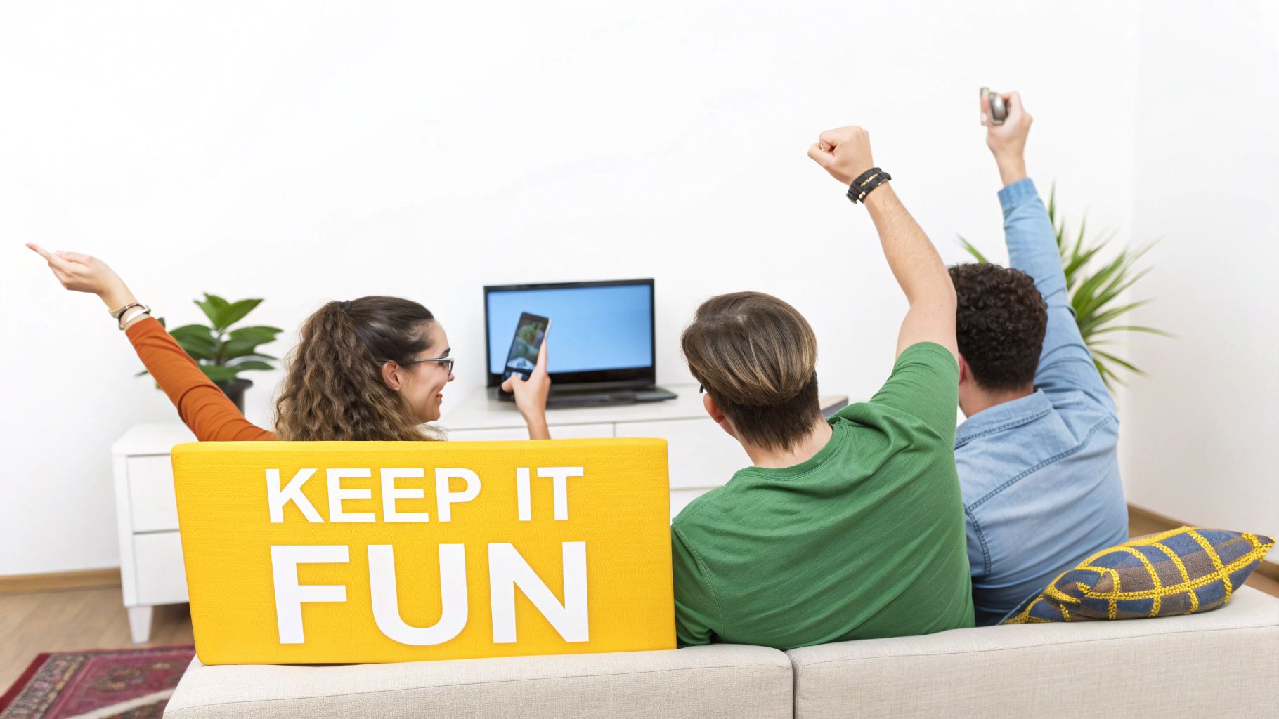 A group of friends excitedly watching a hockey game, representing the fun and engagement of a bracket challenge.