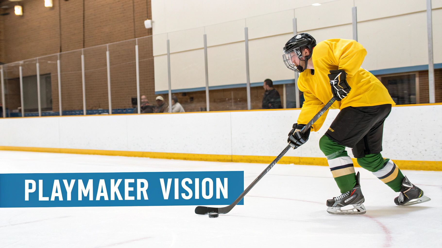 A young, determined hockey centre in a blue and white jersey powerfully skating with the puck down the ice.