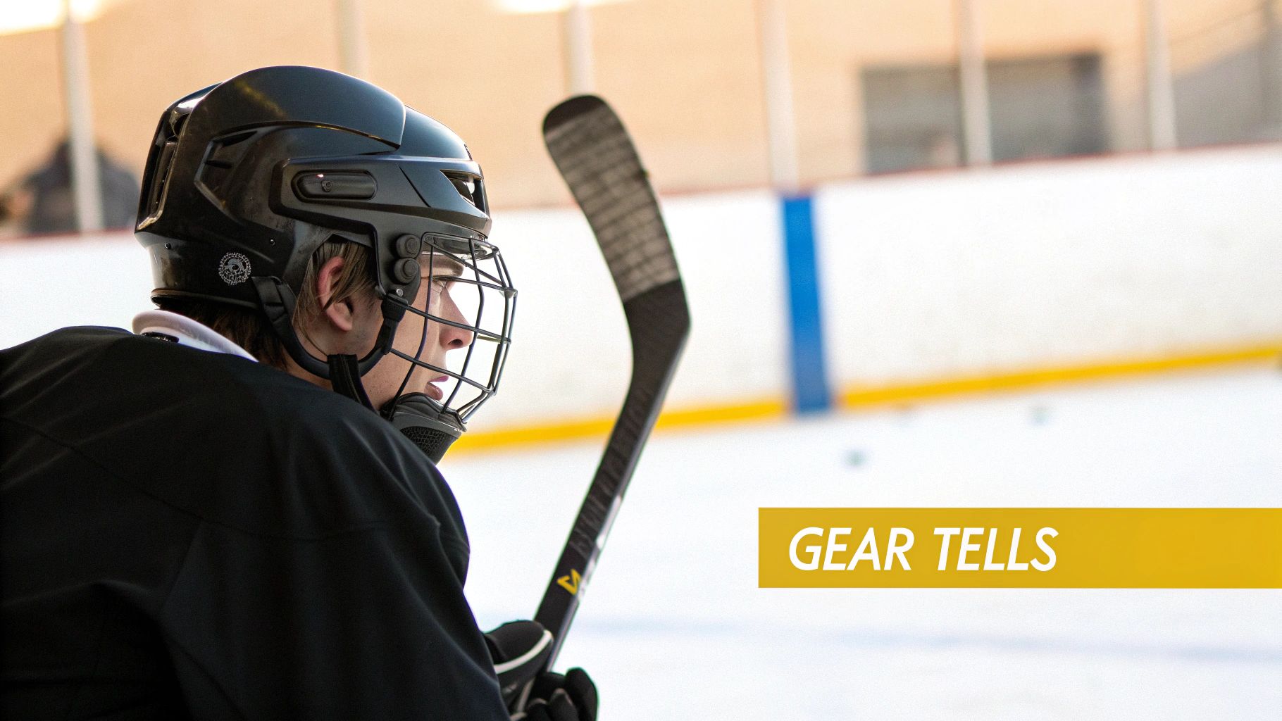 A hockey player silhouette showing detailed equipment like a helmet and visor.